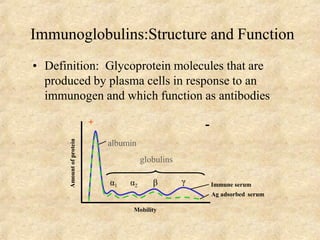 Immunoglobulins:Structure and Function
• Definition: Glycoprotein molecules that are
produced by plasma cells in response to an
immunogen and which function as antibodies
Immune serum
Ag adsorbed serum
α1 α2 β γ
+ -
albumin
globulins
Mobility
Amountofprotein
 
