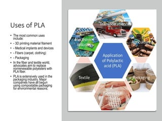 Uses of PLA
• The most common uses
include:
• - 3D printing material filament
• - Medical implants and devices
• - Fibers (carpet, clothing)
• - Packaging
• In the fiber and textile world,
advocates aim to replace
nonrenewable polyesters with
PLA fiber.
• PLA is extensively used in the
packaging industry. Major
companies have all begun
using compostable packaging
for environmental reasons.
 