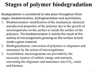 36
Stages of polymer biodegradation
Biodegradation is considered to take place throughout three
stages: biodeterioration, biofragmentation and assimilation,
1. Biodeterioration: modification of the mechanical, chemical
and physical properties of the polymer due to the growth of
microorganisms on the surface or inside the surface of the
polymers. The biodeterioration is mainly the result of the
activity of microorganisms growing on the surface or/and
inside a given material.
2. Biofragmentation: conversion of polymers to oligomers and
monomers by the action of microorganisms.
3. Assimilation: microorganisms are provided by the
necessary sources of carbon, energy and nutrients,
converting the oligomers and monomers into CO2, water
and biomass
 
