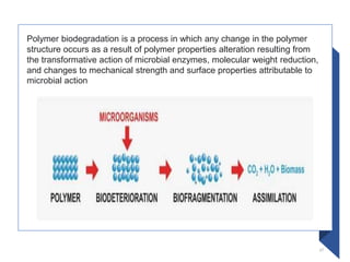 37
Polymer biodegradation is a process in which any change in the polymer
structure occurs as a result of polymer properties alteration resulting from
the transformative action of microbial enzymes, molecular weight reduction,
and changes to mechanical strength and surface properties attributable to
microbial action
 