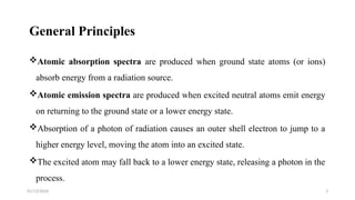 01/13/2026 3
General Principles
Atomic absorption spectra are produced when ground state atoms (or ions)
absorb energy from a radiation source.
Atomic emission spectra are produced when excited neutral atoms emit energy
on returning to the ground state or a lower energy state.
Absorption of a photon of radiation causes an outer shell electron to jump to a
higher energy level, moving the atom into an excited state.
The excited atom may fall back to a lower energy state, releasing a photon in the
process.
 