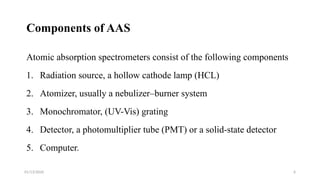01/13/2026 6
Components of AAS
Atomic absorption spectrometers consist of the following components
1. Radiation source, a hollow cathode lamp (HCL)
2. Atomizer, usually a nebulizer–burner system
3. Monochromator, (UV-Vis) grating
4. Detector, a photomultiplier tube (PMT) or a solid-state detector
5. Computer.
 