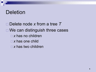 Deletion

 Deletenode x from a tree T
 We can distinguish three cases
  x  has no children
   x has one child
   x has two children




                                   1
 
