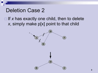 Deletion Case 2
 Ifx has exactly one child, then to delete
  x, simply make p[x] point to that child




                                              3
 