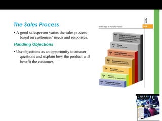 The Sales Process
• A good salesperson varies the sales process
based on customers’ needs and responses.
Handling Objections
• Use objections as an opportunity to answer
questions and explain how the product will
benefit the customer.
 