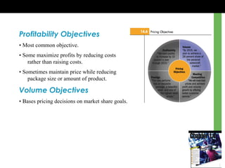 Profitability Objectives
• Most common objective.
• Some maximize profits by reducing costs
rather than raising costs.
• Sometimes maintain price while reducing
package size or amount of product.
Volume Objectives
• Bases pricing decisions on market share goals.
 