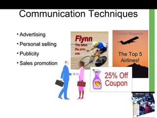 The Top 5The Top 5
Airlines!Airlines!
Traveler Magazine
FlynnFlynn
The bikesThe bikes
the prosthe pros
use.use.
25% Off
Coupon
• AdvertisingAdvertising
• Personal sellingPersonal selling
• PublicityPublicity
• Sales promotionSales promotion
Communication Techniques
 