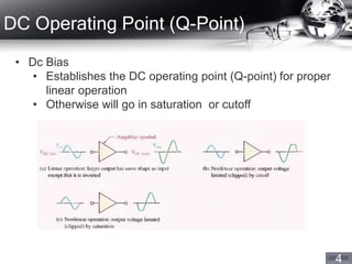 4
DC Operating Point (Q-Point)
• Dc Bias
• Establishes the DC operating point (Q-point) for proper
linear operation
• Otherwise will go in saturation or cutoff
 