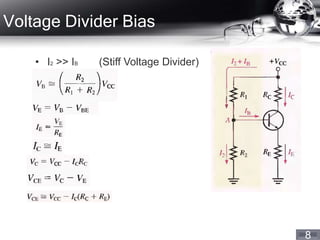 8
Voltage Divider Bias
• I2 >> IB (Stiff Voltage Divider)
 