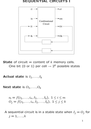 SEQUENTIAL CIRCUITS I
i1
in
o1
om
Combinational
Circuit
I1
Ik
O1
Ok
State of circuit = content of k memory cells.
One bit (0 or 1) per cell → 2k possible states
Actual state is I1, . . . , Ik
Next state is O1, . . . , Ok
oi = f(i1, . . . , in, I1, . . . , Ik), 1 ≤ i ≤ m
Oj = f(i1, . . . , in, I1, . . . , Ik), 1 ≤ j ≤ k
A sequential circuit is in a stable state when Ij = Oj for
j = 1, . . . , k
1
 