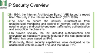 IP Security Overview
In 1994, the Internet Architecture Board (IAB) issued a report
titled “Security in the Internet Arch...