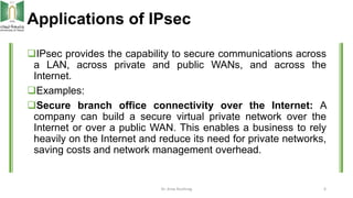 Applications of IPsec
IPsec provides the capability to secure communications across
a LAN, across private and public WANs...