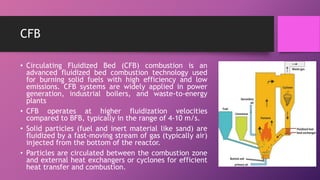 CFB
• Circulating Fluidized Bed (CFB) combustion is an
advanced fluidized bed combustion technology used
for burning solid fuels with high efficiency and low
emissions. CFB systems are widely applied in power
generation, industrial boilers, and waste-to-energy
plants
• CFB operates at higher fluidization velocities
compared to BFB, typically in the range of 4-10 m/s.
• Solid particles (fuel and inert material like sand) are
fluidized by a fast-moving stream of gas (typically air)
injected from the bottom of the reactor.
• Particles are circulated between the combustion zone
and external heat exchangers or cyclones for efficient
heat transfer and combustion.
 