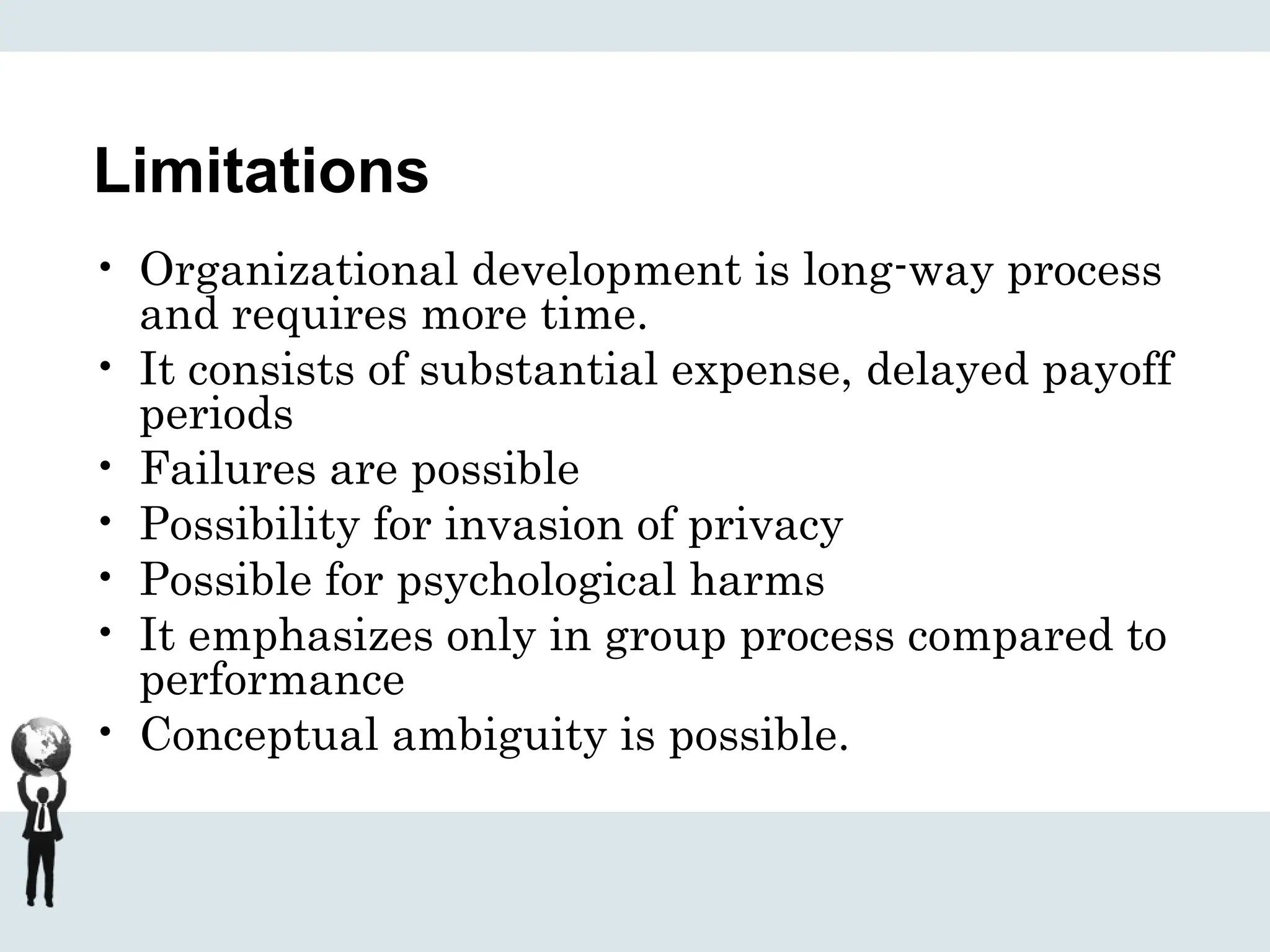 Limitations
• Organizational development is long-way process
and requires more time.
• It consists of substantial expense, delayed payoff
periods
• Failures are possible
• Possibility for invasion of privacy
• Possible for psychological harms
• It emphasizes only in group process compared to
performance
• Conceptual ambiguity is possible.
 