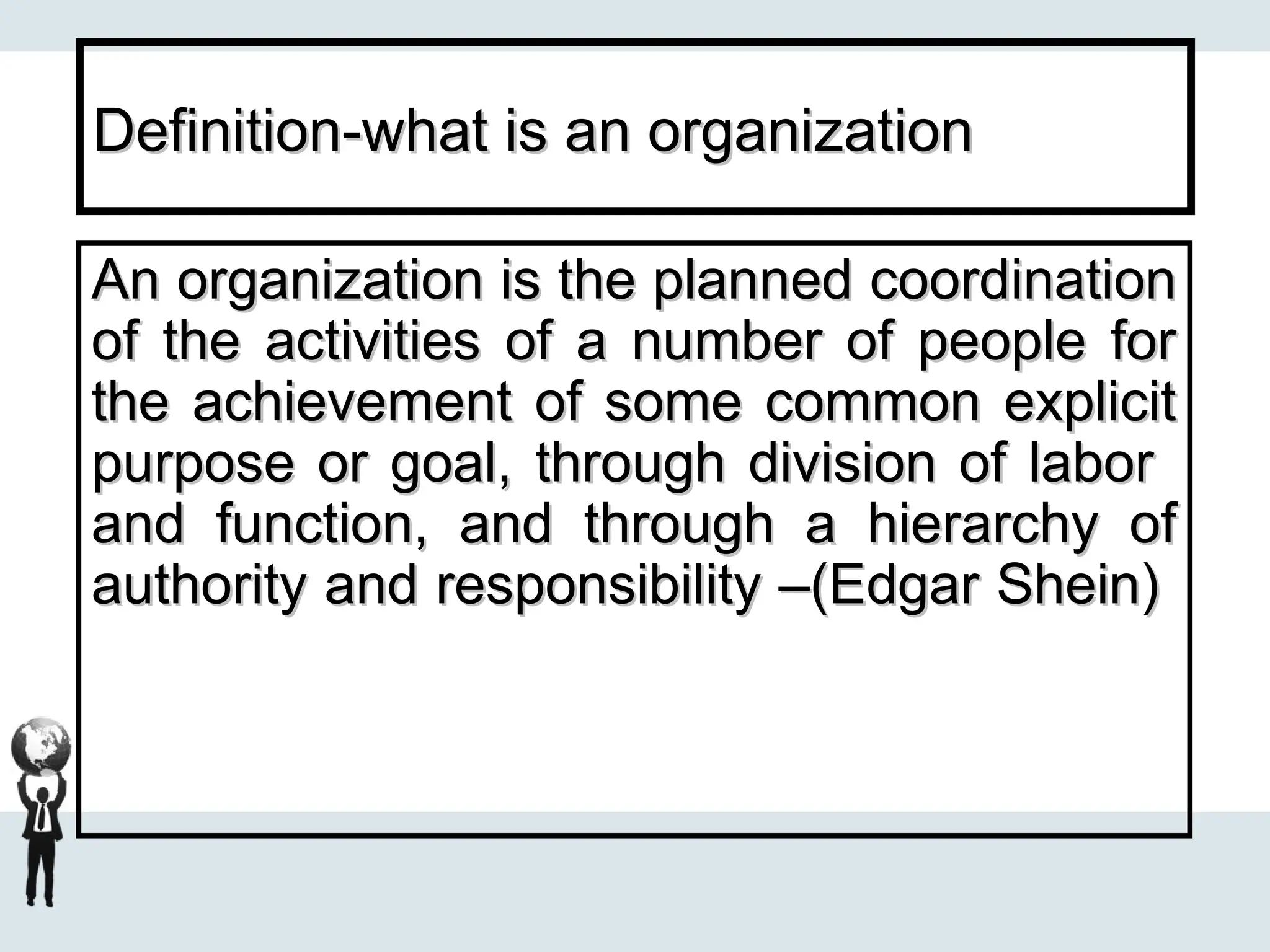 Definition-what is an organization
Definition-what is an organization
An organization is the planned coordination
An organization is the planned coordination
of the activities of a number of people for
of the activities of a number of people for
the achievement of some common explicit
the achievement of some common explicit
purpose or goal, through division of labor
purpose or goal, through division of labor
and function, and through a hierarchy of
and function, and through a hierarchy of
authority and responsibility –(Edgar Shein)
authority and responsibility –(Edgar Shein)
 