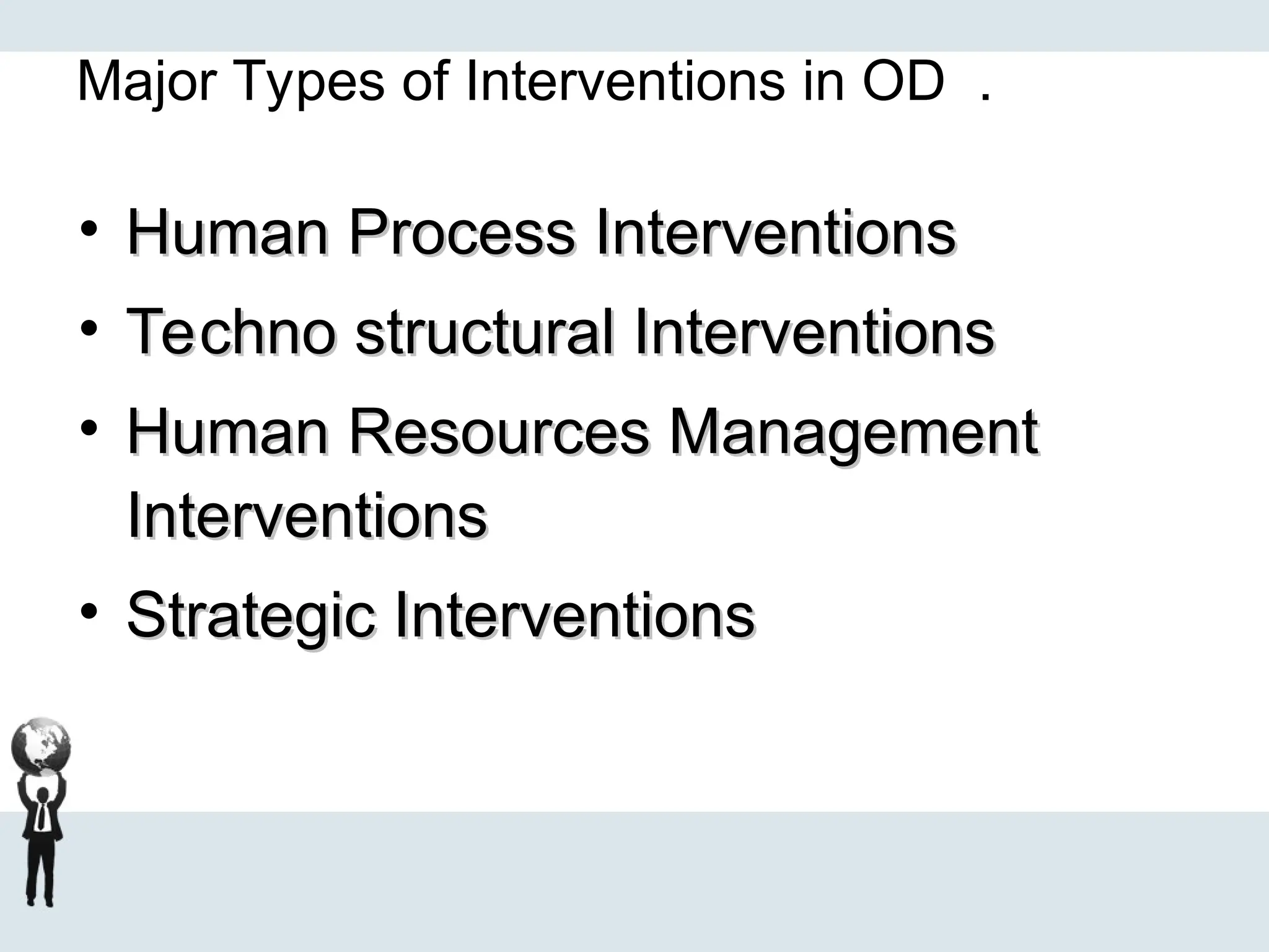 Major Types of Interventions in OD .
• Human Process Interventions
Human Process Interventions
• Techno structural Interventions
Techno structural Interventions
• Human Resources Management
Human Resources Management
Interventions
Interventions
• Strategic Interventions
Strategic Interventions
 