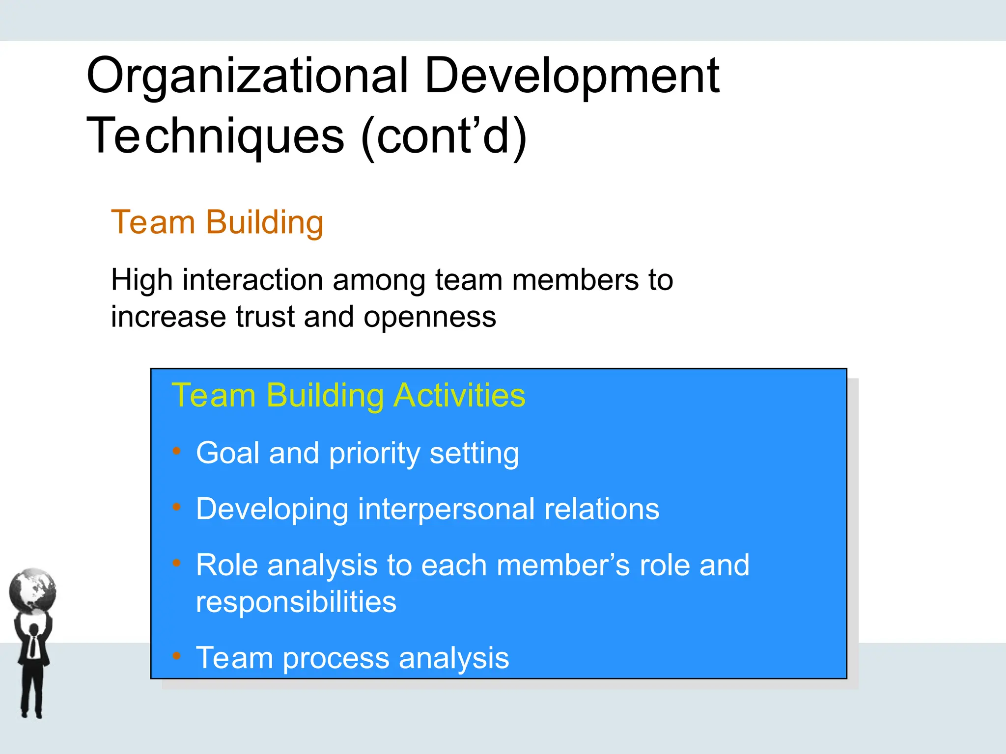 Organizational Development
Techniques (cont’d)
Team Building Activities
• Goal and priority setting
• Developing interpersonal relations
• Role analysis to each member’s role and
responsibilities
• Team process analysis
Team Building
High interaction among team members to
increase trust and openness
 