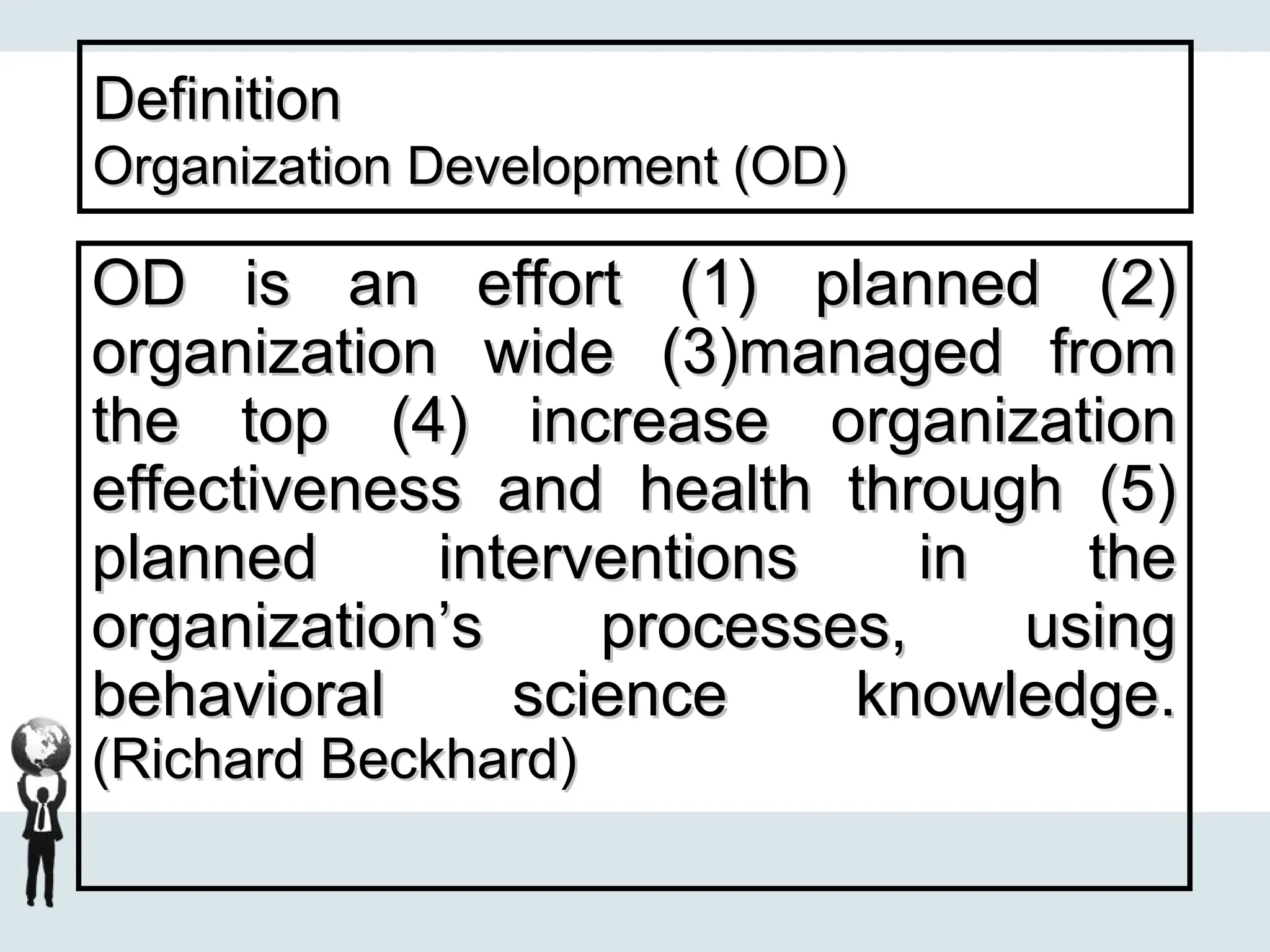 Definition
Definition
Organization Development (OD)
Organization Development (OD)
OD is an effort (1) planned (2)
OD is an effort (1) planned (2)
organization wide (3)managed from
organization wide (3)managed from
the top (4) increase organization
the top (4) increase organization
effectiveness and health through (5)
effectiveness and health through (5)
planned interventions in the
planned interventions in the
organization’s processes, using
organization’s processes, using
behavioral science knowledge.
behavioral science knowledge.
(Richard Beckhard)
(Richard Beckhard)
 