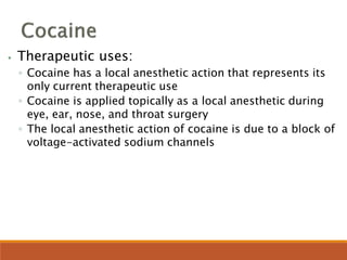 ⦁ Therapeutic uses:
◦ Cocaine has a local anesthetic action that represents its
only current therapeutic use
◦ Cocaine is applied topically as a local anesthetic during
eye, ear, nose, and throat surgery
◦ The local anesthetic action of cocaine is due to a block of
voltage-activated sodium channels
 