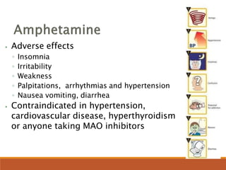 ⦁ Adverse effects
◦ Insomnia
◦ Irritability
◦ Weakness
◦ Palpitations, arrhythmias and hypertension
◦ Nausea vomiting, diarrhea
⦁ Contraindicated in hypertension,
cardiovascular disease, hyperthyroidism
or anyone taking MAO inhibitors
 