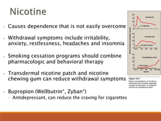 ⦁ Causes dependence that is not easily overcome
⦁ Withdrawal symptoms include irritability,
anxiety, restlessness, headaches and insomnia
⦁ Smoking cessation programs should combine
pharmacologic and behavioral therapy
⦁ Transdermal nicotine patch and nicotine
chewing gum can reduce withdrawal symptoms
⦁ Bupropion (Wellbutrin®, Zyban®)
◦ Antidepressant, can reduce the craving for cigarettes
 