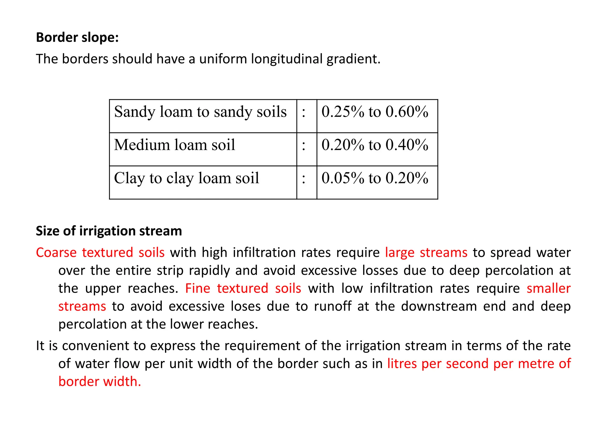 Border slope:
The borders should have a uniform longitudinal gradient.
Size of irrigation stream
Coarse textured soils with high infiltration rates require large streams to spread water
over the entire strip rapidly and avoid excessive losses due to deep percolation at
the upper reaches. Fine textured soils with low infiltration rates require smaller
streams to avoid excessive loses due to runoff at the downstream end and deep
percolation at the lower reaches.
It is convenient to express the requirement of the irrigation stream in terms of the rate
of water flow per unit width of the border such as in litres per second per metre of
border width.
Sandy loam to sandy soils : 0.25% to 0.60%
Medium loam soil : 0.20% to 0.40%
Clay to clay loam soil : 0.05% to 0.20%
 