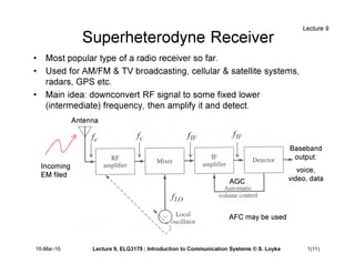 Superheterodyne Receiver
• Most popular type of a radio receiver so far.
• Used for AM/FM & TV broadcasting, cellular & satellite systems,
radars, GPS etc.
• Main idea: downconvert RF signal to some fixed lower
(intermediate) frequency, then amplify it and detect.
Antenna
Baseband
output:
voice,
video, data
AGC
AFC may be used
Incoming
EM filed
Lecture 9
c
f c
f IF
f IF
f
LO
f
16-Mar-16 Lecture 9, ELG3175 : Introduction to Communication Systems © S. Loyka 1(11)
 