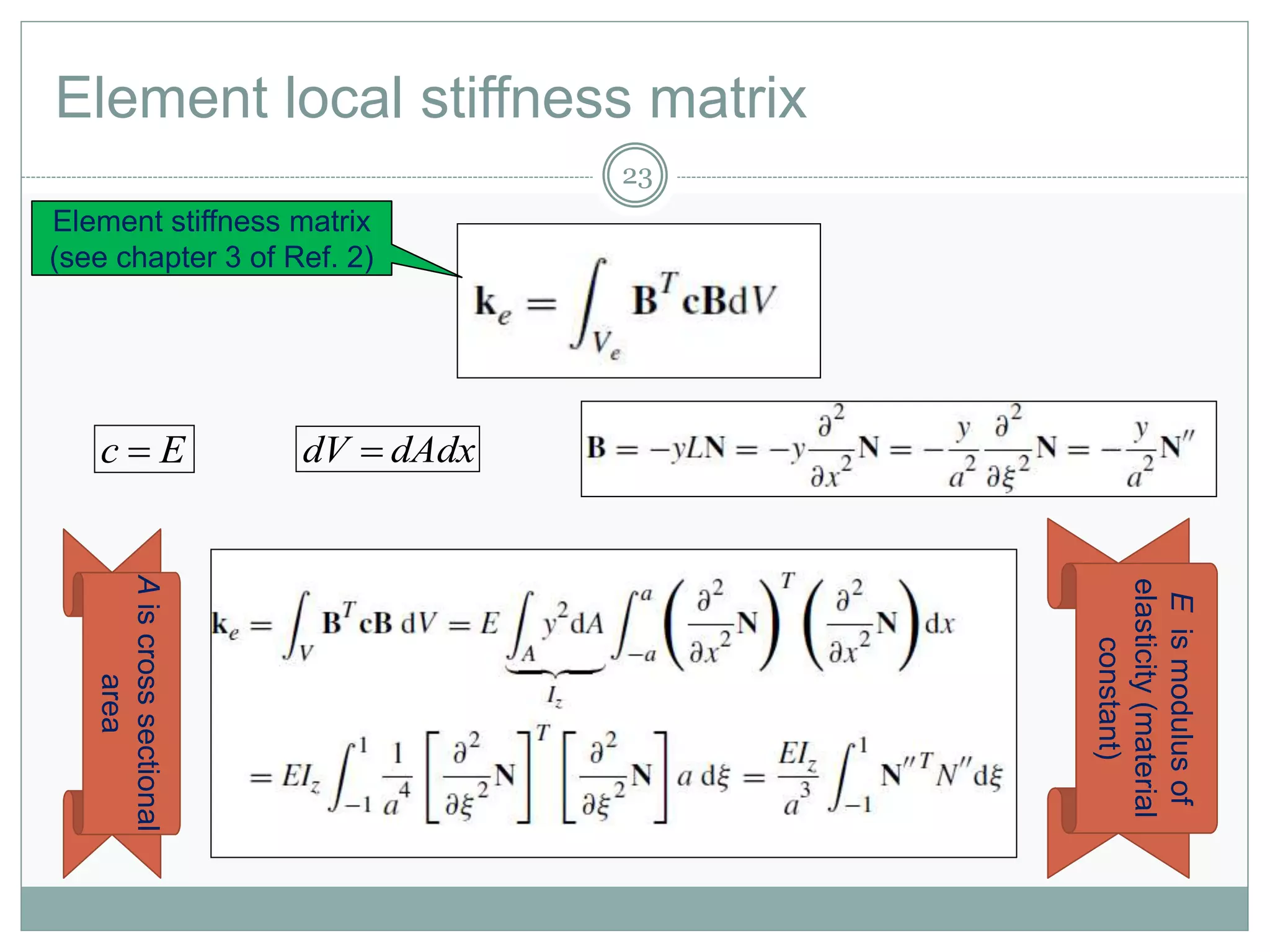 Element local stiffness matrix
23
Element stiffness matrix
(see chapter 3 of Ref. 2)
Ec  dAdxdV 
Aiscrosssectional
area
Eismodulusof
elasticity(material
constant)
 