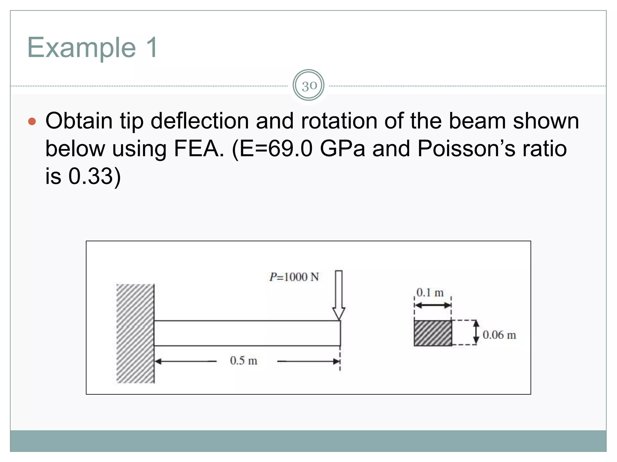 Example 1
30
 Obtain tip deflection and rotation of the beam shown
below using FEA. (E=69.0 GPa and Poisson’s ratio
is 0.33)
 