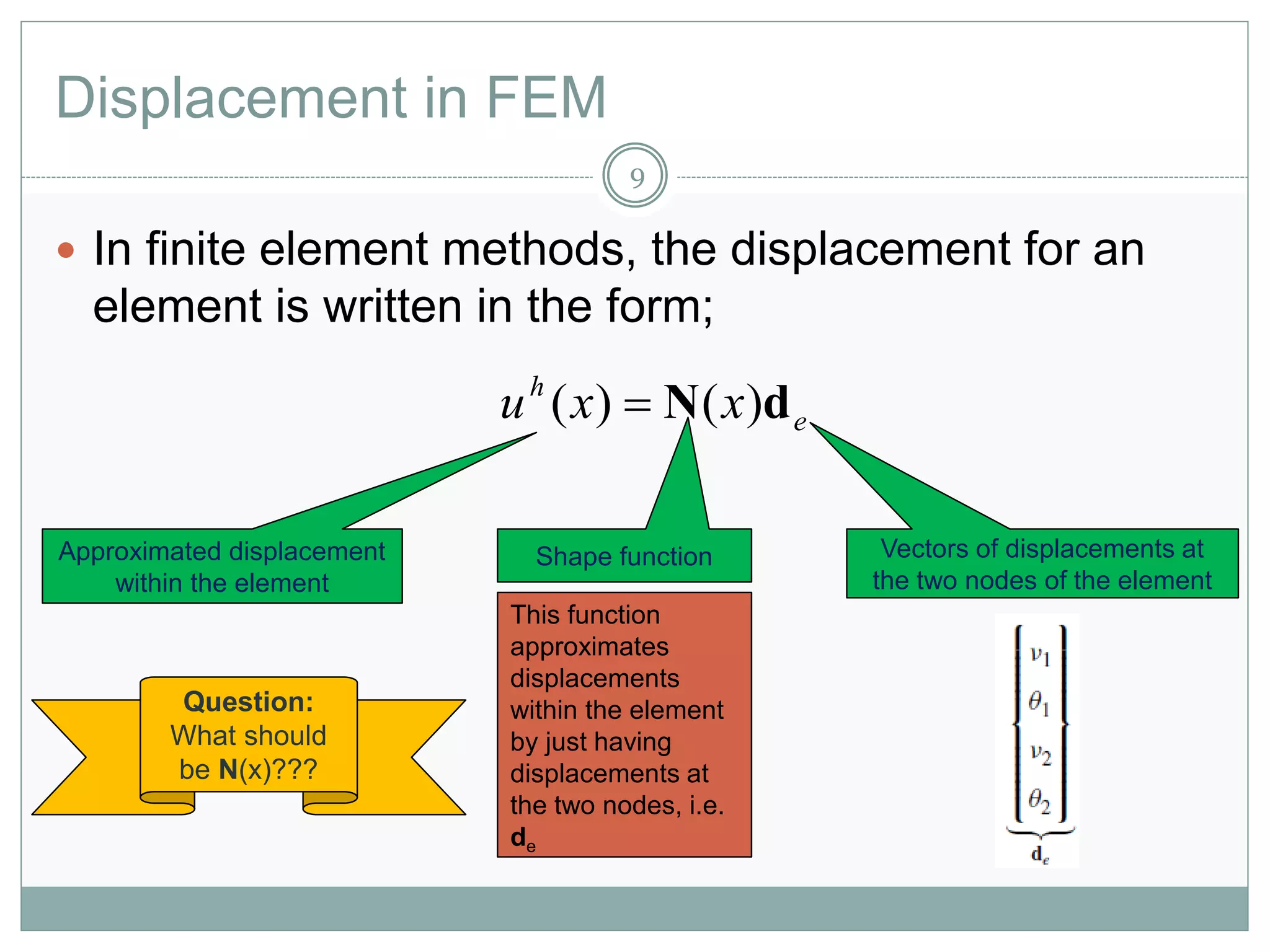 Displacement in FEM
9
 In finite element methods, the displacement for an
element is written in the form;
e
h
xxu dN )()( 
Approximated displacement
within the element
Shape function Vectors of displacements at
the two nodes of the element
This function
approximates
displacements
within the element
by just having
displacements at
the two nodes, i.e.
de
Question:
What should
be N(x)???
 