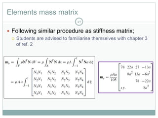 Elements mass matrix
27
 Following similar procedure as stiffness matrix;
 Students are advised to familiarise themselves with chapter 3
of ref. 2
 