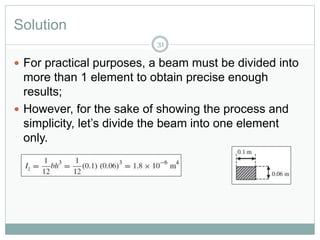 Solution
31
 For practical purposes, a beam must be divided into
more than 1 element to obtain precise enough
results;
 However, for the sake of showing the process and
simplicity, let’s divide the beam into one element
only.
 
