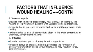 FACTORS THAT INFLUENCE
WOUND HEALING----CONTN
2. Vascular supply
•Wounds with impaired blood supply heal slowly. For example, the
healing of leg wounds in patients with varicose veins is prolonged.
•Ischemia due to pressure produces bed sores and then prevents their
healing.
• Ischemia due to arterial obstruction, often in the lower extremities of
diabetics, also prevents healing.
3. Infection
•Wounds provide a portal of entry for microorganisms.
•Infection delays or prevents healing, promotes the formation of
excessive granulation tissue (proud flesh), and may result in large,
deforming scars.
 