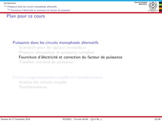 Introduction
Puissance dans les circuits monophas´es alternatifs
Fourniture d’´electricit´e et correction du facteur de pu...