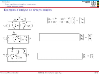 Introduction
Circuits magn´etiquement coupl´es et transformateurs
Analyse des circuits coupl´es
Exemples d’analyse de circ...