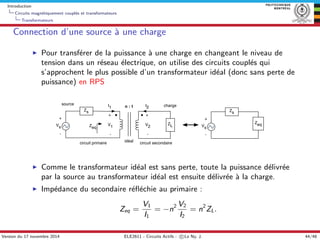Introduction
Circuits magn´etiquement coupl´es et transformateurs
Transformateurs
Connection d’une source `a une charge
Po...