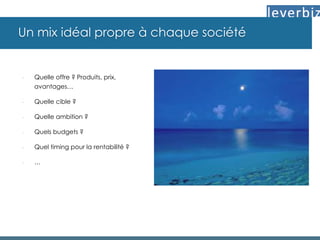 Un mix idéal propre à chaque société
-  Quelle offre ? Produits, prix,
avantages…
-  Quelle cible ?
-  Quelle ambition ?
-  Quels budgets ?
-  Quel timing pour la rentabilité ?
-  …
 