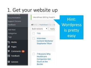 1. Get your website up
Hint:
Wordpress
is pretty
easy
 