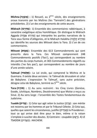 Michna (‫ )1 : )משׁ ָה‬Recueil, au 2ème siècle, des enseignements
          ‫ִ ְנ‬
oraux transmis par les Maîtres (les ‘Tannaïm’) des générations
précédentes. 2) L’un des enseignements de cette œuvre.
Midrach (‫ )1 : )מדרשׁ‬Ensemble des commentaires rabbiniques, à
              ְָ ִ
caractère exégétique et/ou homilétique. On distingue le Midrach
Aggada (‫ )מדרשׁ אַ ָדה‬qui interprète les parties narratives de la
            ָ‫גּ‬     ְַ ִ
Tora sous forme d’allégories, et le Midrach Halakha (‫)מדרשׁ הלכה‬
                                                        ֲָָ ַ ְ ִ
qui identifie les sources des Mitsvot dans la Tora. 2) L’un de ces
commentaires.
Mitsvot (‫ : )מצוֹת‬Ensemble des 613 Commandements qui sont
             ְ ִ
prescrits dans la Tora. Ces Mitsvot comprennent 248
Commandements positifs (‘fais’), qui correspondent au nombre
des parties du corps humain, et 365 Commandements négatifs ou
interdits (‘ne fais pas’), qui correspondent au nombre de jours
d’une année solaire.
Talmud (‫ : )תּלמוּד‬La Loi orale, qui comprend la Michna et la
              ְַ
Guemara. Il existe deux versions : le Talmud de Jérusalem et celui
de Babylone. L’expression ‘le Talmud’, sans autre précision,
désigne celui de Babylone, terminé au 5ème siècle.
Tora (‫ )1 : )תּוֹרה‬Au sens restreint : les Cinq Livres (Genèse,
         ָ
Exode, Lévitique, Nombres, Deutéronome) que Moïse a reçus au
Sinaï. 2) Au sens large : l’ensemble des Textes fondamentaux du
Judaïsme.
Tsaddik (‫ )1 : )צדּיק‬Celui qui agit selon la Justice (‫ : )צדק‬son mérite
           ִַ                                         ֶֶ
est reconnu par les hommes et par le Tribunal Céleste. 2) Celui qui,
quelles que soient les circonstances, justifie (‫ )מצדּיק‬la Providence :
                                                  ִ ְ ַ
tout ce qui arrive doit être pour le bien, même si la raison
s’emploie à susciter des doutes. 3) Contraire : coupable (‫ )4 .)רשׁע‬LE
                                                             ָָ
TSADDIK (‫ : )הצּדּיק‬HA CHEM.
             ִַַ       .




                                 XIX
 