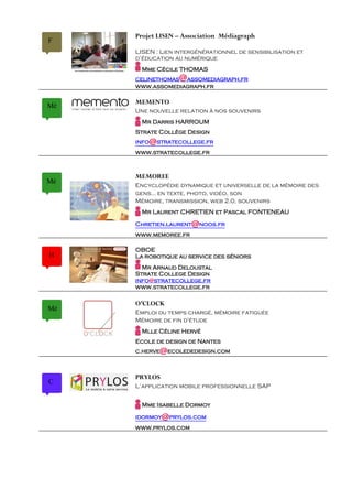 Projet LISEN – Association Médiagraph
F
     LISEN : Lien intergénérationnel de sensibilisation et
     d’éducation au numérique
       Mme Cécile THOMAS
                   @
     celinethomas assomediagraph.fr
     www.assomediagraph.fr

     MEMENTO
Mé
     Une nouvelle relation à nos souvenirs
       Mr Darris HARROUM
     Strate Collège Design
     info   @stratecollege.fr
     www.stratecollege.fr



     MEMOREE
Mé
     Encyclopédie dynamique et universelle de la mémoire des
     gens... en texte, photo, vidéo, son
     Mémoire, transmission, web 2.0, souvenirs
       Mr Laurent CHRETIEN et Pascal FONTENEAU

     Chretien.laurent  @noos.fr
     www.memoree.fr

     OBOE
H    La robotique au service des séniors
       Mr Arnaud Deloustal
     Strate College Design
     info@stratecollege.fr
     www.stratecollege.fr

     O’CLOCK
Mé   Emploi du temps chargé, mémoire fatiguée
     Mémoire de fin d'étude
       Mlle Céline Hervé
     Ecole de design de Nantes
     c.herve  @ecolededesign.com

     PRYLOS
C
     L’application mobile professionnelle SAP


       Mme Isabelle Dormoy

     idormoy   @prylos.com
     www.prylos.com
 