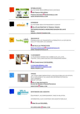 SPARKANGELS
I    Plateforme Web deMédiation à distance
       Mr Franck ROUGEAU
                     @
     Franck.rougeau spark-angels.com
     www.spark-angels.com



     STIMULEE
     Plateforme web d'entrainement cognitif
       Mlle Elise Martinet et Samuel Vinson
     ARTS-ERGONOMICA MEMOREE-SAGEM Sécurité
     Xedix
     samuel.vinson@sagem.com



     TRANSWAY
Mo   Promouvoir les transports alternatifs à la voiture en
     solo et fidéliser les usagers

       Mr Nicolas TRONCHON
                        @
     Nicolas.tronchon transportdoux.fr
     www.transportdoux.fr



     T-SENIORITY
I
     la télévision interactive comme outil de lutte
     contre l'exclusion sociale des personnes âgées

       Mr Christophe COCQUEREL

     c.coquerel@gmail.com
     www.tseniority.idieikon.com
     www.fnaqpa.com



     TWIIST
L    Jeu d'équilibre empruntant la wii pour simuler les effets
     de la vieillesse et se jouer des représentations du
     vieillissement
     Projet d'étude
       Mlle Jane Antoniotti
     Ecole de Design d'Aix-en-Provence
     nekotopia  @gmail.com

R
     UNIVERSITE DES AIDANTS

     Equipement, accompagnement, mise en relation,

     information, suivi à distance des aidants familiaux


       Mme Sylvie ROUSSEL

     sylvieroussel @gmail.com
 