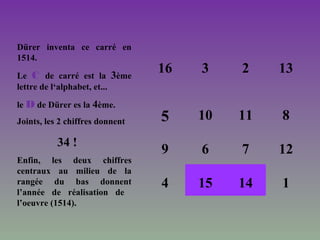 16 3 2 13
5 10 11 8
9 6 7 12
4 15 14 1
Dürer inventa ce carré en
1514.
Le C de carré est la 3ème
lettre de l‘alphabet, et...
le D de Dürer es la 4ème.
Joints, les 2 chiffres donnent
34 !
Enfin, les deux chiffres
centraux au milieu de la
rangée du bas donnent
l’année de réalisation de
l’oeuvre (1514).
 