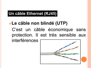 Le câble non blindé (UTP)
C’est un câble économique sans
protection. Il est très sensible aux
interférences
Un câble Ethernet (RJ45)
 
