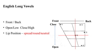 English Long Vowels
• Front / Back
• Open/Low Close/High
• Lip Position – spread/round/neutral
Open
Close
Front Back
 