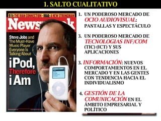 1. SALTO CUALITATIVO UN PODEROSO MERCADO DE  OCIO AUDIOVISUAL : PANTALLAS Y ESPECTÁCULO   UN PODEROSO MERCADO DE  TECNOLOGIAS INF/COM  (TIC) (ICT) Y SUS APLICACIONES 3.  INFORMACIÓN : NUEVOS  COMPORTAMIENTOS EN EL MERCADO Y EN LAS GENTES CON TENDENCIA HACIA EL INDIVIDUALISMO 4.  GESTIÓN DE LA COMUNICACIÓN  EN EL ÁMBITO EMPRESARIAL Y POLÍTICO 
