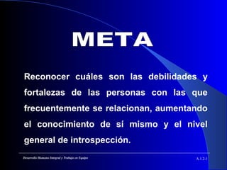 Reconocer cuáles son las debilidades y
fortalezas de las personas con las que
frecuentemente se relacionan, aumentando
el conocimiento de sí mismo y el nivel
general de introspección.
A.1.2-1Desarrollo Humano Integral y Trabajo en Equipo
 