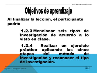 Curso Policía Judicial del Ecuador

Al finalizar la lección, el participante
podrá:
1.2.3 Mencionar seis tipos de
investigación de acuerdo a lo
visto en clase. 
1.2.4
Realizar un ejercicio
práctico aplicando las cinco
etapas
del
método
de
investigación y reconocer el tipo
de investigación.
Asignatura 1 – Investigación Criminal

A1.2-5

 