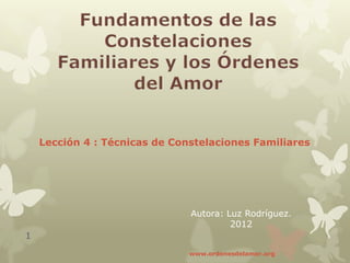 Lección 4 : Técnicas de Constelaciones Familiares




                               Autora: Luz Rodríguez.
                                        2012
1
                               www.ordenesdelamor.org
 