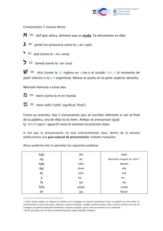 Conozcamos 7 nuevas letras:
‫א‬ = alef (por ahora, diremos que es muda. Ya entraremos en ella)
‫ג‬ = gimel (se pronuncia como la g en gato)
‫י‬ = yod (como la y en yema)
‫ל‬ = lamed (como la l en luna)
ּ‫ש‬ = shin (como la sh inglesa en shoe o el sonido shh…! al momento de
pedir silencio o la y/ll argentina). Nótese el punto en la parte superior derecha.
Mención honrosa a estas dos:
‫מ‬ = mem (como la m en mamá)
‫ם‬ = mem sofit (‘sofit’ significal ‘final’).
Como ya veremos, hay 5 consonantes que se escriben diferente si van al final
de la palabra, una de ellas es la mem. Ambas se pronuncian igual.
Ej: ‫מ‬‫י‬‫ם‬ (‘mayim’ agua) El resto lo veremos la próxima clase.
Si ven que la pronunciación no está suficientemente clara, dentro de la semana
publicaremos una guía especial de pronunciación. Ustedes tranquilos.
Ahora podemos leer (y aprender) las siguientes palabras:
‫א‬‫ב‬‫א‬
‫א‬‫ב‬
‫א‬‫ב‬‫ס‬
‫ם‬‫ש‬
‫ם‬‫י‬
ּ‫ב‬
‫ל‬‫ג‬
‫ל‬‫ג‬ְ ‫ל‬‫ג‬
‫ג‬‫ח‬
aba
ba
saba
sham
yam
ba…
gal
galgal
jag
papá
Masculino singular de “venir”1
abuelo
allá
mar
en…
ola
rueda
fiesta2
1 Como iremos viendo, en hebreo los verbos no se conjugan en persona gramatical como en español (yo vine/venía, tú
viniste/venías, él-ella vino/venía, nosotros vinimos/veníamos, ustedes vinieron/venían, ellos vinieron/venían) sino que se
conjugan por género (masculino/femenino) y número (singular, plural). Pero lo veremos en su momento.
2 No de parranda, sino de fiesta ceremonial (januká, pésaj, Navidad, etcétera).
 