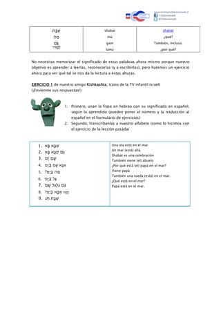 ‫ת‬‫ב‬‫ש‬
‫ה‬‫מ‬
‫ם‬‫ג‬
?‫ה‬ ָ‫ָמ‬‫ל‬
shabat
ma
gam
lama
shabat
¿qué?
También, incluso.
¿por qué?
No necesitas memorizar el significado de estas palabras ahora mismo porque nuestro
objetivo es aprender a leerlas, reconocerlas (y a escribirlas), pero haremos un ejercicio
ahora para ver qué tal se nos da la lectura a estas alturas.
EJERCICIO 1 de nuestro amigo Kishkashta, ícono de la TV infantil israelí
(¡Envíenme sus respuestas!)
1. Primero, unan la frase en hebreo con su significado en español,
según lo aprendido (pueden poner el número y la traducción al
español en el formulario de ejercicios)
2. Segundo, transcríbanlas a nuestro alfabeto (como lo hicimos con
el ejercicio de la lección pasada)
1. ‫א‬‫אּב‬‫ב‬‫א‬
2. ‫א‬‫ב‬ ‫א‬‫ב‬‫ס‬ ‫ם‬‫ג‬
3. ‫ם‬‫י‬ ‫ם‬‫ש‬
4. ‫ם‬‫י‬ּ‫ּב‬‫ם‬‫אּש‬‫ב‬‫א‬
5. ?‫ם‬‫י‬ּ‫ּב‬‫ה‬‫מ‬
6. ‫ם‬‫י‬ּ‫ּב‬‫ל‬‫ג‬
7. ‫ם‬‫לּש‬‫ג‬ְ ‫ל‬‫םּג‬‫ג‬
8. ?‫ם‬‫י‬ּ‫ּב‬‫א‬‫ב‬‫ּא‬‫ה‬ ָ‫ָמ‬‫ל‬
9. ‫ג‬‫תּח‬‫ב‬‫ש‬
Una ola está en el mar
Un mar (está) allá.
Shabat es una celebración
También viene (el) abuelo
¿Por qué está (el) papá en el mar?
Viene papá
También una rueda (está) en el mar.
¿Qué está en el mar?
Papá está en el mar.
 
